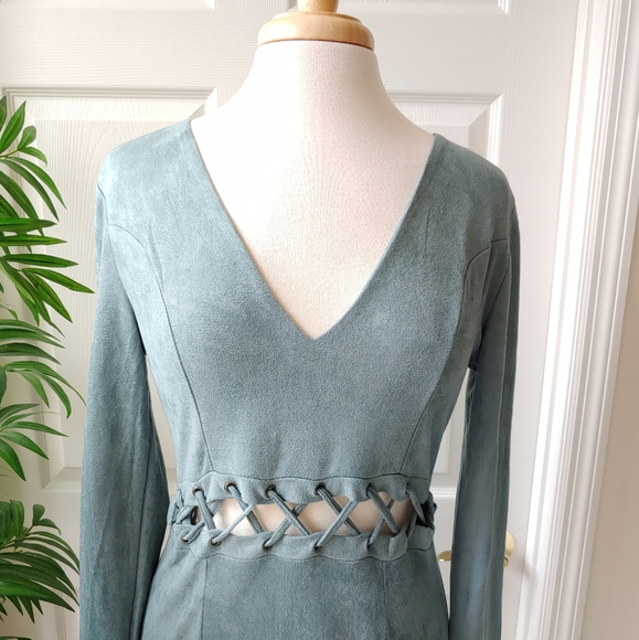 Charlotte Russe Suede Cutout Lace Up Long Sleeve Mini Dress Grey Blue Medium - Picture 2 of 8
